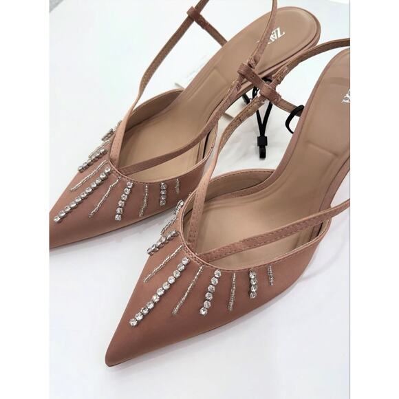 ZARA BLOGGER FAVE!!! Rhinestone Embellished Slingback Heels NWT 🤎 - Picture 5 of 16